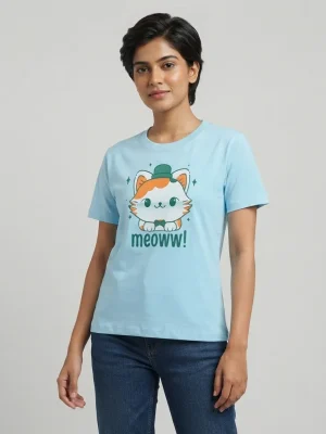 Women's Graphic Printed T-Shirt, Short Sleeves with Artwork, Featuring a Regular Fit for Casual Everyday Wear, Pure cotton material - Sky Blue - Meoww Print