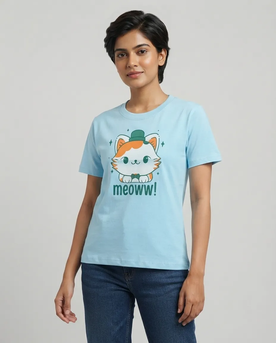 Women's Graphic Printed T-Shirt, Short Sleeves with Artwork, Featuring a Regular Fit for Casual Everyday Wear, Pure cotton material - Sky Blue - Meoww Print
