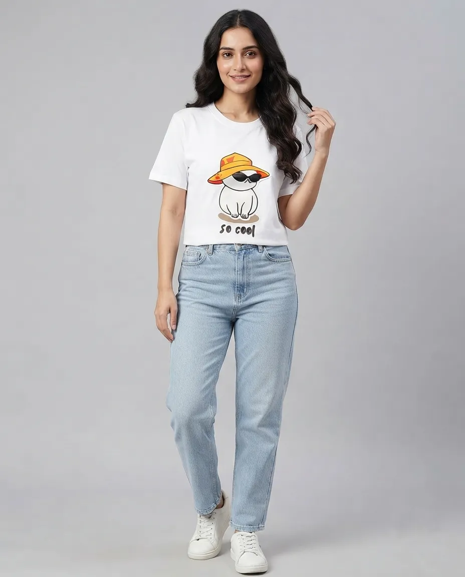 Women's Graphic Printed T-Shirt, Short Sleeves with Artwork, Featuring a Regular Fit for Casual Everyday Wear, Pure cotton material - White - So Cool