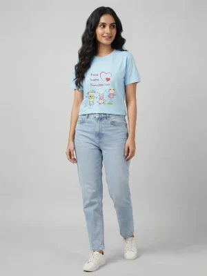 Women's Graphic Printed T-Shirt, Short Sleeves with Artwork, Featuring a Regular Fit for Casual Everyday Wear, Pure cotton material - Sky Blue - Teach & Inspire