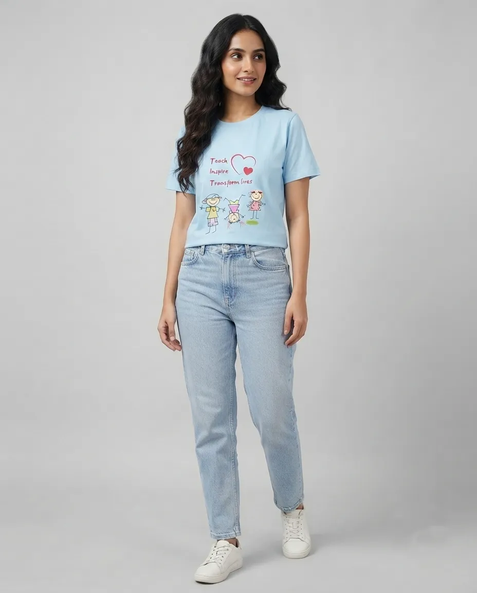 Women's Graphic Printed T-Shirt, Short Sleeves with Artwork, Featuring a Regular Fit for Casual Everyday Wear, Pure cotton material - Sky Blue - Teach & Inspire