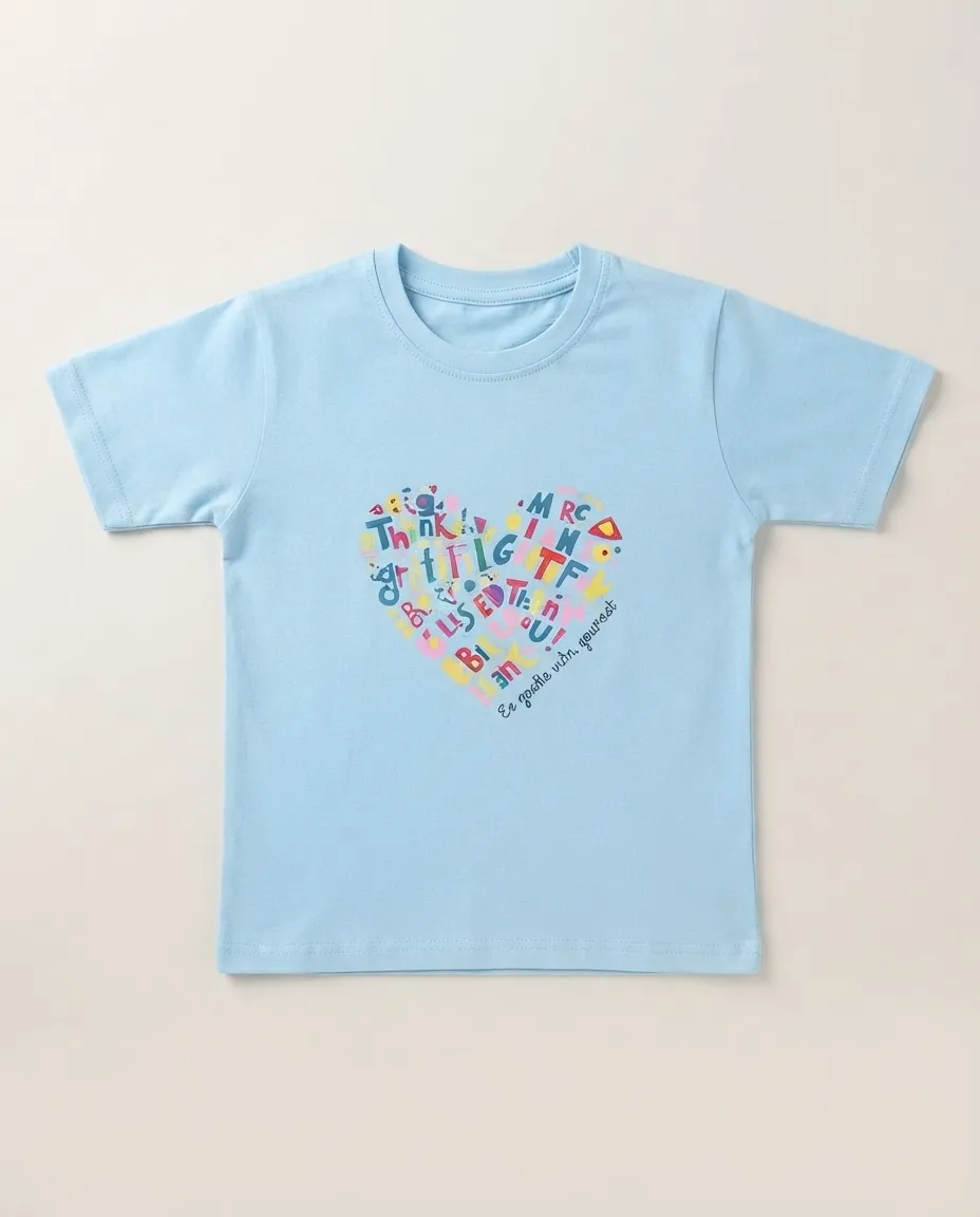 Women's Graphic Printed T-Shirt, Short Sleeves with Artwork, Featuring a Regular Fit for Casual Everyday Wear, Pure cotton material - Sky Blue - Heart Shaped Alphabets - Image 2