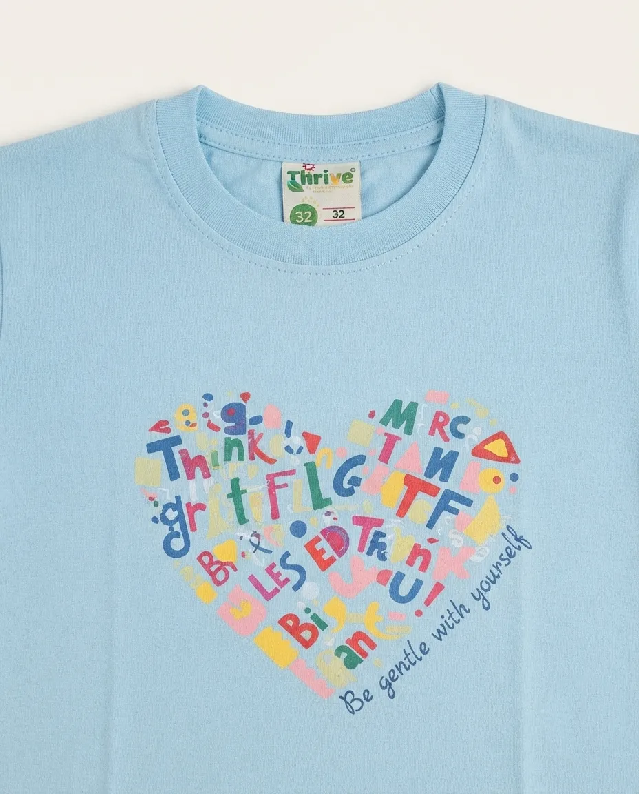 Women's Graphic Printed T-Shirt, Short Sleeves with Artwork, Featuring a Regular Fit for Casual Everyday Wear, Pure cotton material - Sky Blue - Heart Shaped Alphabets - Image 3