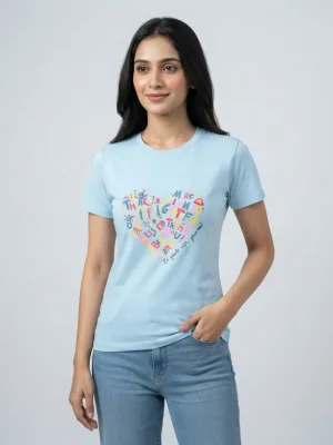Women's Graphic Printed T-Shirt, Short Sleeves with Artwork, Featuring a Regular Fit for Casual Everyday Wear, Pure cotton material - Sky Blue - Heart Shaped Alphabets