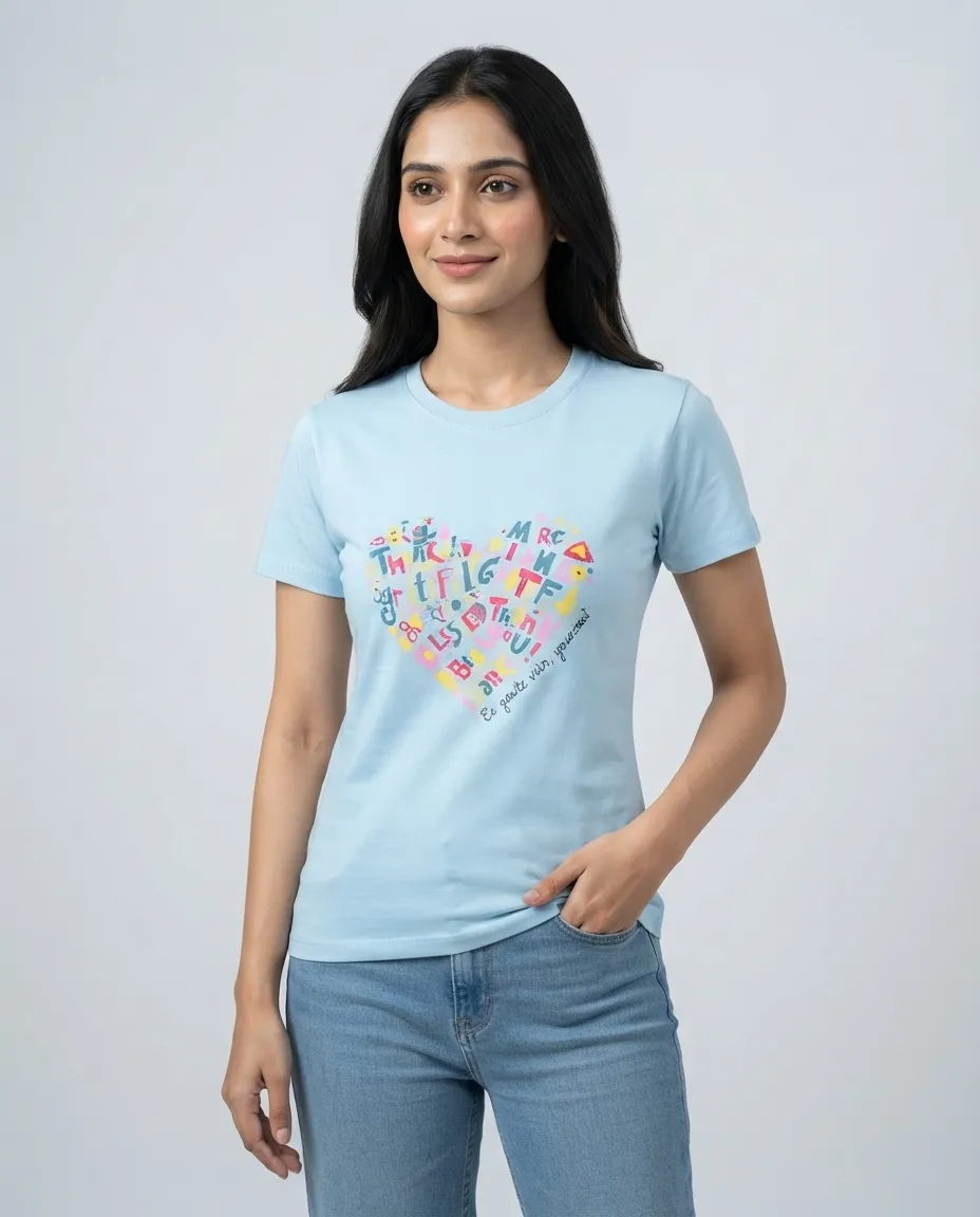 Women's Graphic Printed T-Shirt, Short Sleeves with Artwork, Featuring a Regular Fit for Casual Everyday Wear, Pure cotton material - Sky Blue - Heart Shaped Alphabets