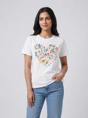 Women's Graphic Printed T-Shirt, Short Sleeves with Artwork, Featuring a Regular Fit for Casual Everyday Wear, Pure cotton material - White - Heart Shaped Alphabets