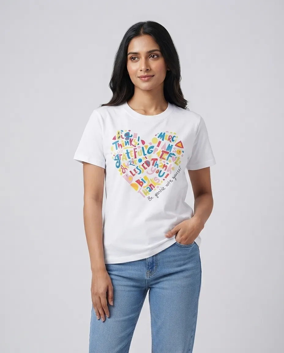 Women's Graphic Printed T-Shirt, Short Sleeves with Artwork, Featuring a Regular Fit for Casual Everyday Wear, Pure cotton material - White - Heart Shaped Alphabets