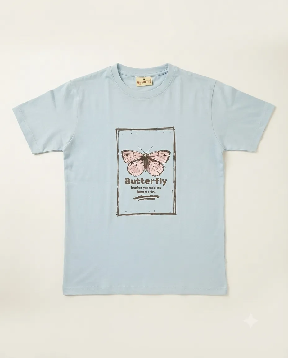 Women's Graphic Printed T-Shirt, Short Sleeves with Artwork, Featuring a Regular Fit for Casual Everyday Wear, Pure cotton material - Sky Blue - Butterfly - Image 2