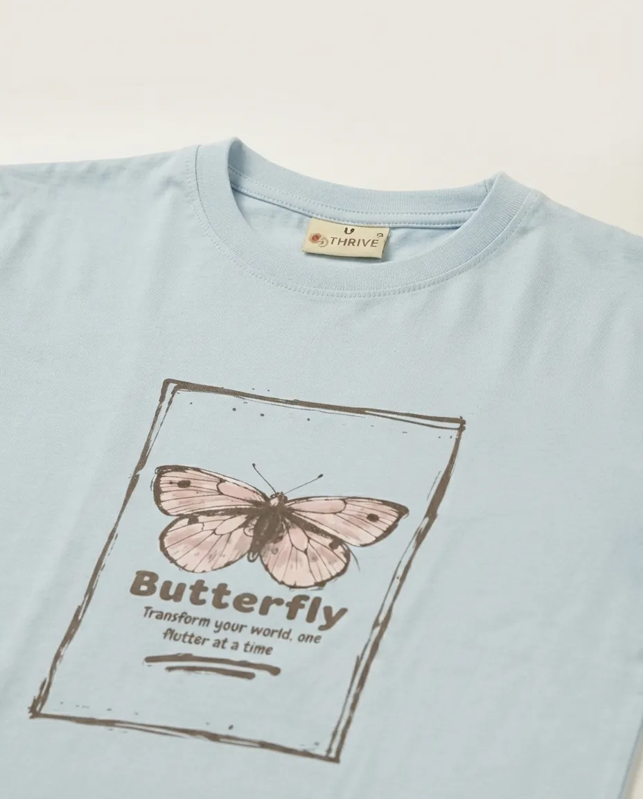 Women's Graphic Printed T-Shirt, Short Sleeves with Artwork, Featuring a Regular Fit for Casual Everyday Wear, Pure cotton material - Sky Blue - Butterfly - Image 3
