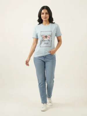 Women's Graphic Printed T-Shirt, Short Sleeves with Artwork, Featuring a Regular Fit for Casual Everyday Wear, Pure cotton material - Sky Blue - Butterfly