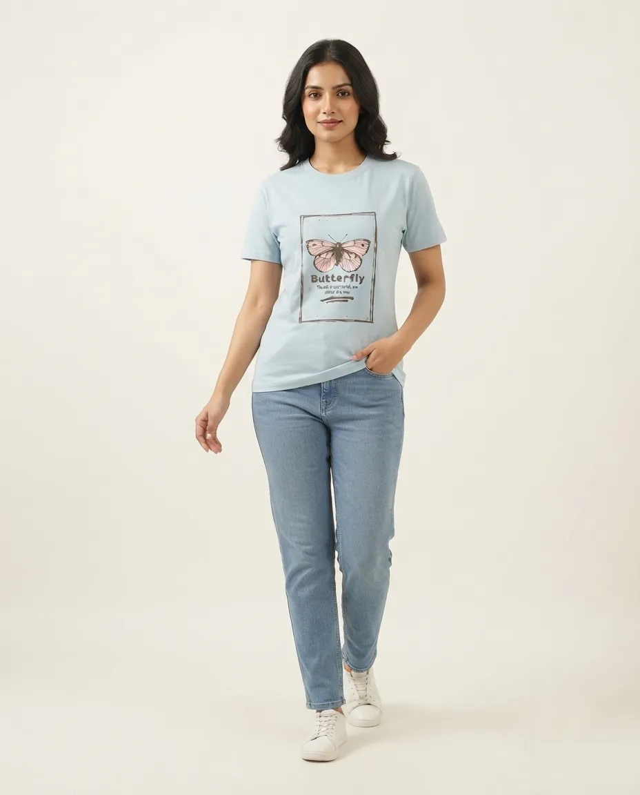 Women's Graphic Printed T-Shirt, Short Sleeves with Artwork, Featuring a Regular Fit for Casual Everyday Wear, Pure cotton material - Sky Blue - Butterfly