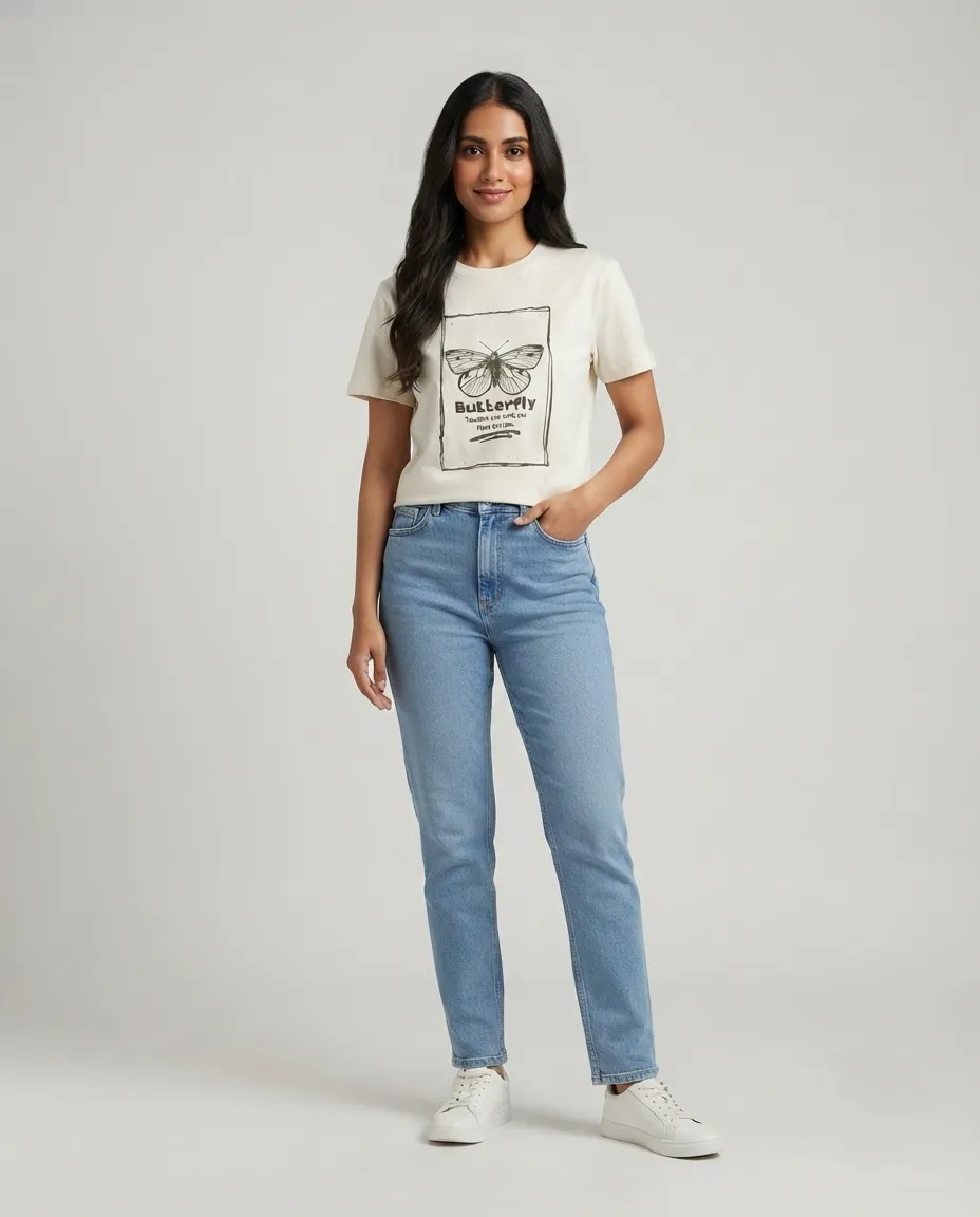 Women's Graphic Printed T-Shirt, Short Sleeves with Artwork, Featuring a Regular Fit for Casual Everyday Wear, Pure cotton material - White - Butterfly
