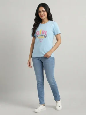 Women's Graphic Printed T-Shirt, Short Sleeves with Artwork, Featuring a Regular Fit for Casual Everyday Wear, Pure cotton material - Sky Blue - Girl Power