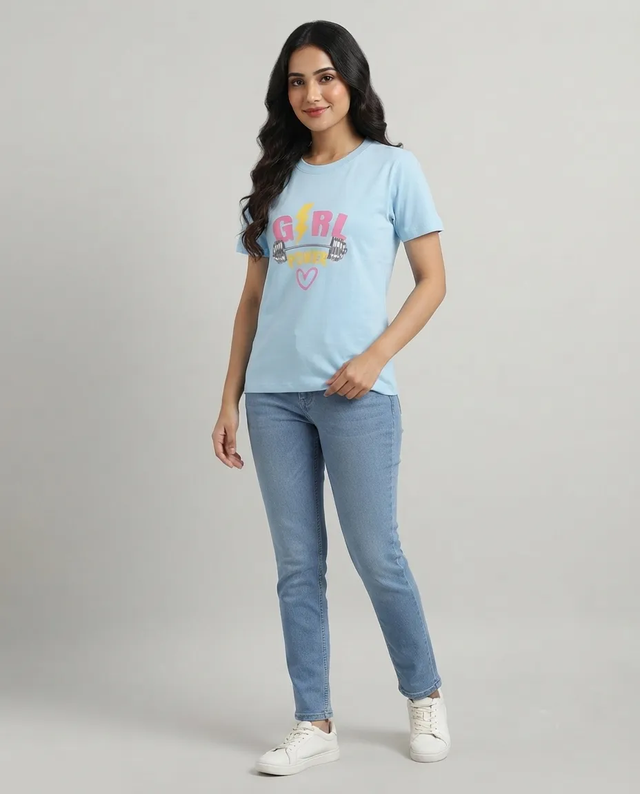 Women's Graphic Printed T-Shirt, Short Sleeves with Artwork, Featuring a Regular Fit for Casual Everyday Wear, Pure cotton material - Sky Blue - Girl Power